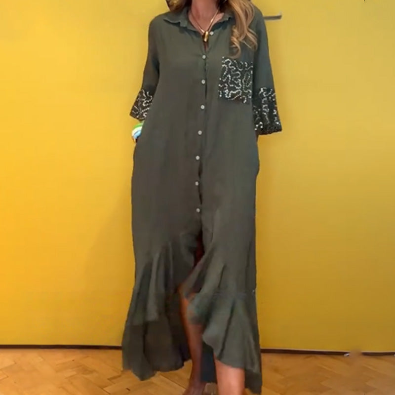 ⏳Limited Time Offer⏰Women's Button-Down Shirt Dress with Ruffle Hem