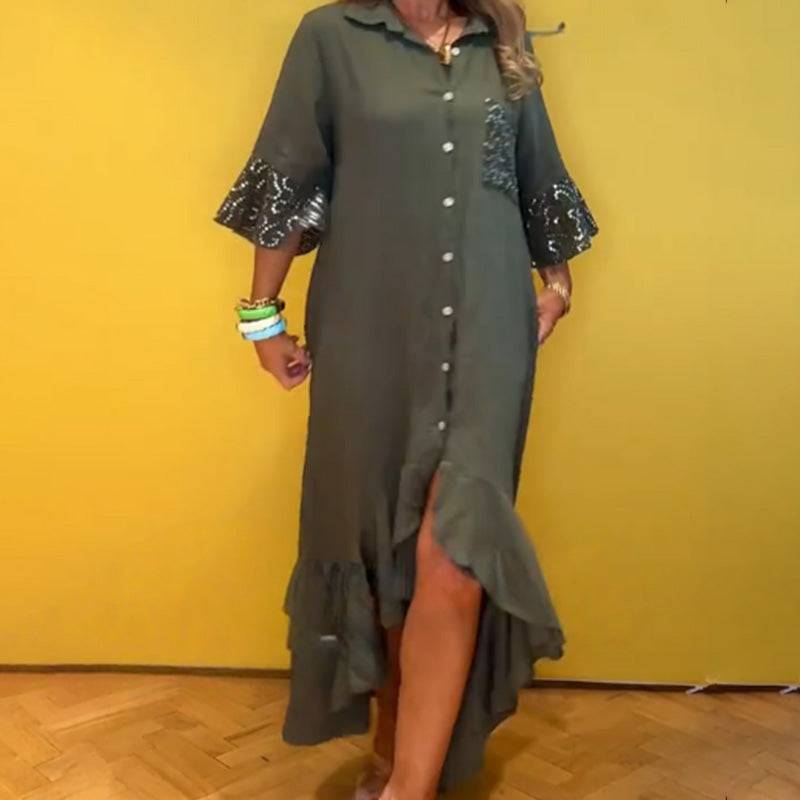 ⏳Limited Time Offer⏰Women's Button-Down Shirt Dress with Ruffle Hem