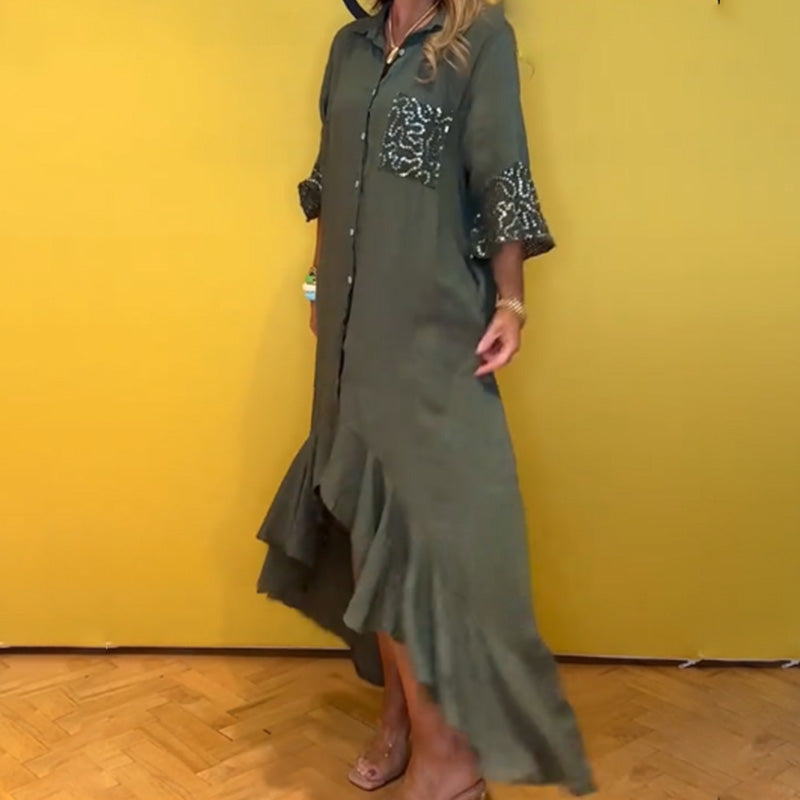 ⏳Limited Time Offer⏰Women's Button-Down Shirt Dress with Ruffle Hem