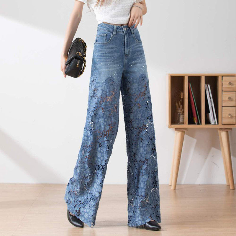 🔥 Summer Sale🔥 Women's High-Waisted Blue Denim Wide-Leg Pants (Hollow-out Lace Panels)