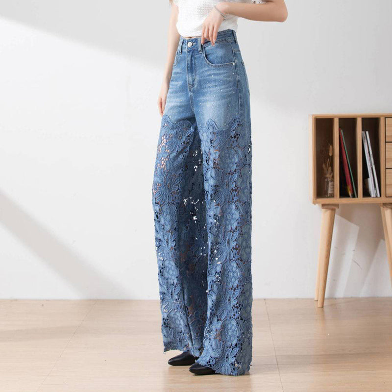 🔥 Summer Sale🔥 Women's High-Waisted Blue Denim Wide-Leg Pants (Hollow-out Lace Panels)
