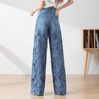 🔥 Summer Sale🔥 Women's High-Waisted Blue Denim Wide-Leg Pants (Hollow-out Lace Panels)