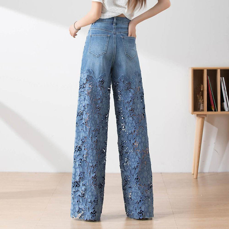 🔥 Summer Sale🔥 Women's High-Waisted Blue Denim Wide-Leg Pants (Hollow-out Lace Panels)