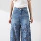 🔥 Summer Sale🔥 Women's High-Waisted Blue Denim Wide-Leg Pants (Hollow-out Lace Panels)