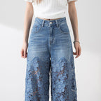 🔥 Summer Sale🔥 Women's High-Waisted Blue Denim Wide-Leg Pants (Hollow-out Lace Panels)