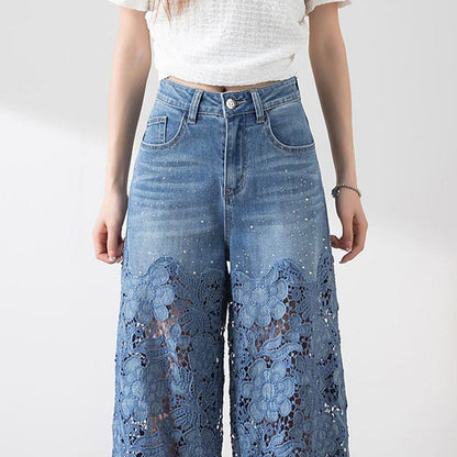 🔥 Summer Sale🔥 Women's High-Waisted Blue Denim Wide-Leg Pants (Hollow-out Lace Panels)