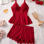 💜 LAST DAY PROMOTION - 50%OFF💜Womens Comfortable Wireless BraLace Trimmed V-Neck Camisole & Shorts Sleepwear Set