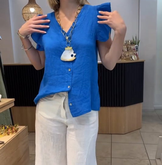 Women's V-Neck Ruffle Short Sleeve Button Down Top