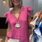 Women's V-Neck Ruffle Short Sleeve Button Down Top