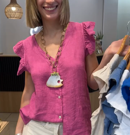 Women's V-Neck Ruffle Short Sleeve Button Down Top