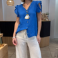 Women's V-Neck Ruffle Short Sleeve Button Down Top