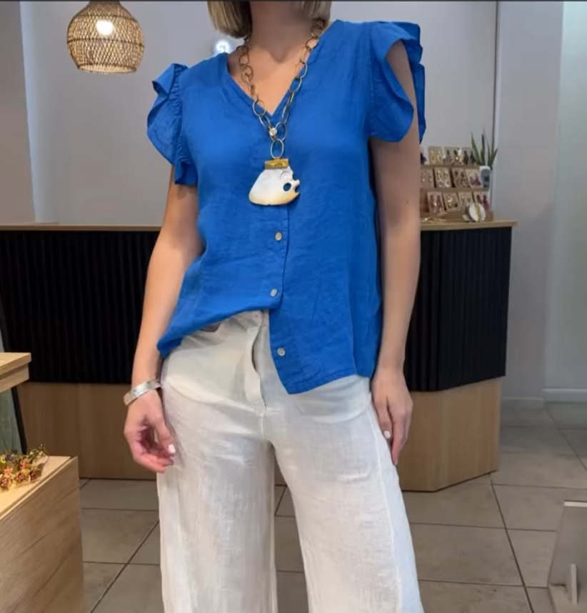 Women's V-Neck Ruffle Short Sleeve Button Down Top