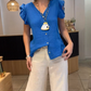 Women's V-Neck Ruffle Short Sleeve Button Down Top