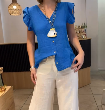 Women's V-Neck Ruffle Short Sleeve Button Down Top
