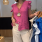 Women's V-Neck Ruffle Short Sleeve Button Down Top