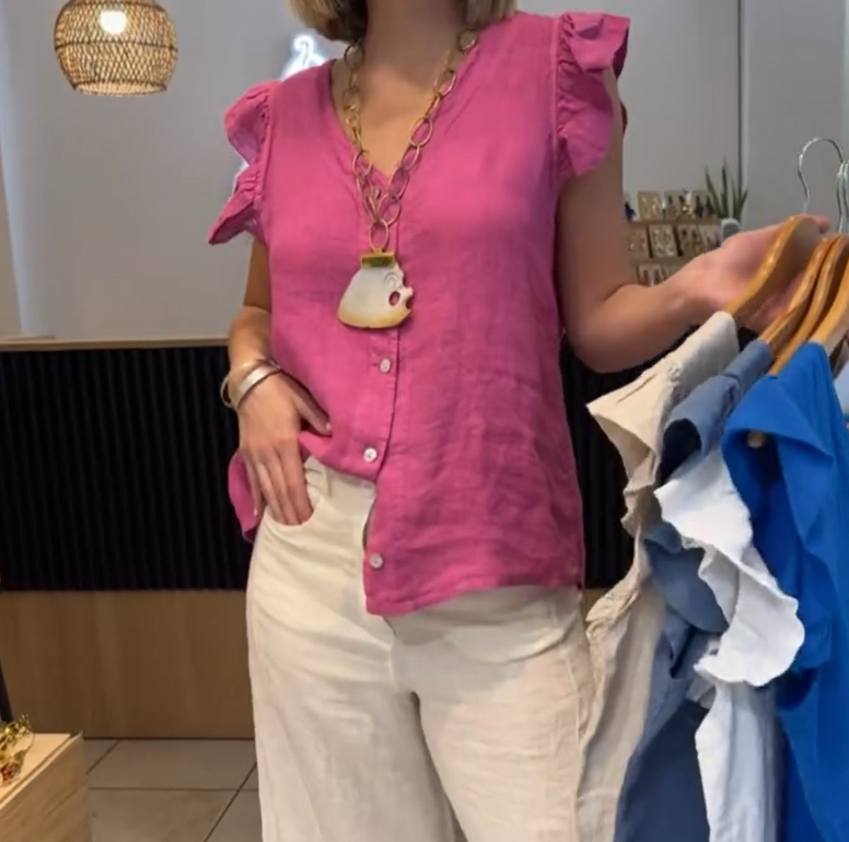 Women's V-Neck Ruffle Short Sleeve Button Down Top