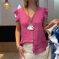 Women's V-Neck Ruffle Short Sleeve Button Down Top