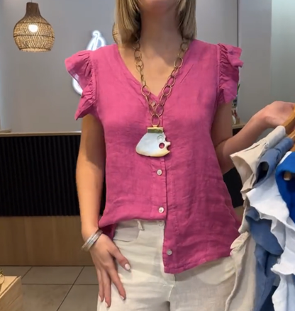 Women's V-Neck Ruffle Short Sleeve Button Down Top