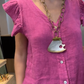 Women's V-Neck Ruffle Short Sleeve Button Down Top
