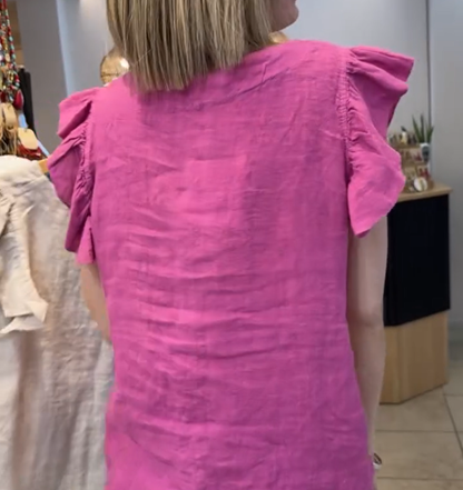 Women's V-Neck Ruffle Short Sleeve Button Down Top