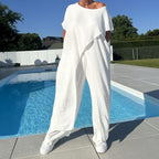 Solid Color Off-Shoulder Top & Pants Set