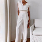 Sleeveless V-Neck Pleated Top and Wide-Leg Pants Set