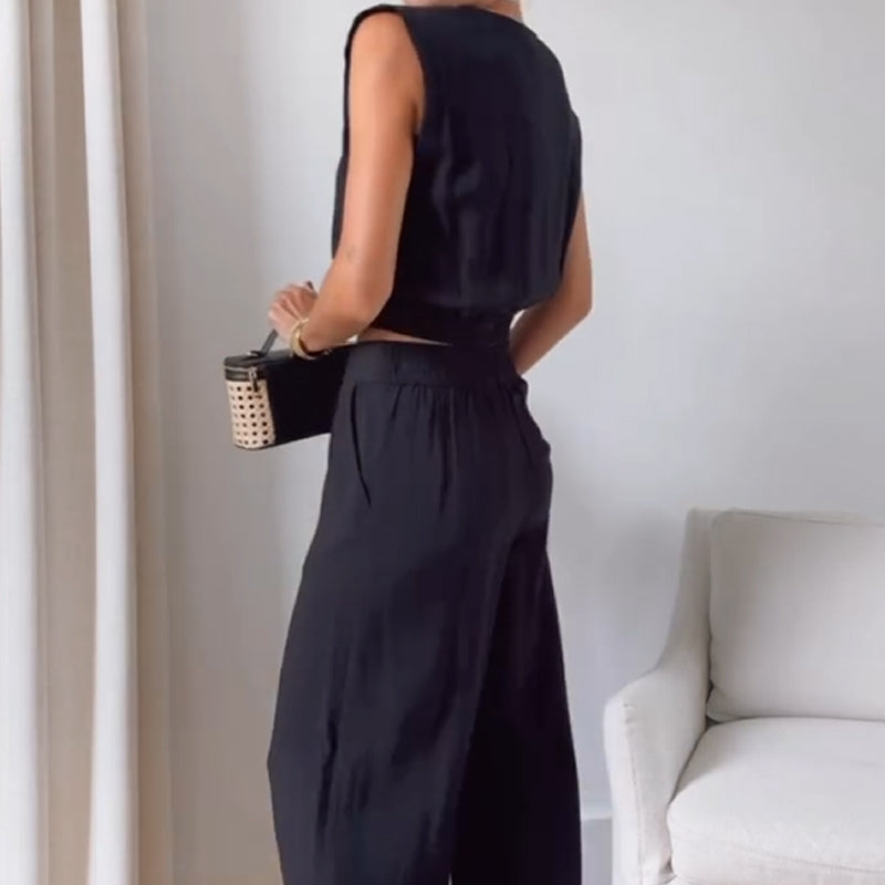 Sleeveless V-Neck Pleated Top and Wide-Leg Pants Set