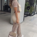 Women's Cropped Top & Patchwork Mesh Panel Trousers Set