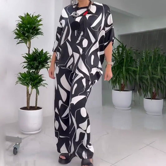 Casual Round-Neck Printed Top & Pants Set