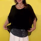 ⏳Time-limited Special⏰Black Round Neck Mesh Top with Dolman Sleeves and Sequins