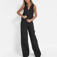 Women's Two-Piece Linen Vest and Wide-Leg Pants Set