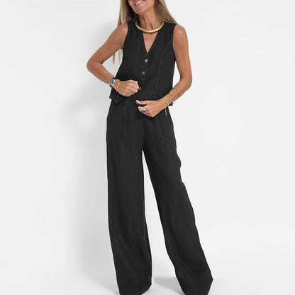 Women's Two-Piece Linen Vest and Wide-Leg Pants Set