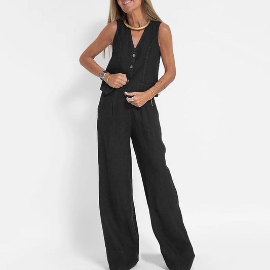 Women's Two-Piece Linen Vest and Wide-Leg Pants Set