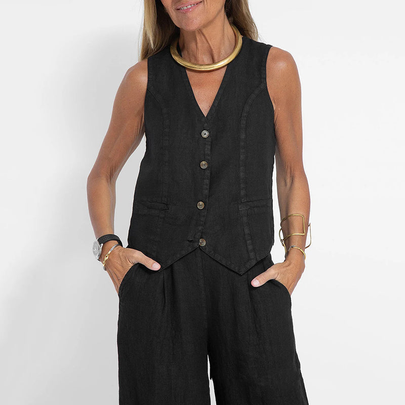 Women's Two-Piece Linen Vest and Wide-Leg Pants Set