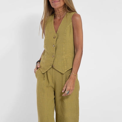 Women's Two-Piece Linen Vest and Wide-Leg Pants Set
