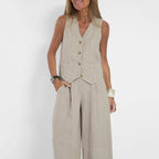 Women's Two-Piece Linen Vest and Wide-Leg Pants Set