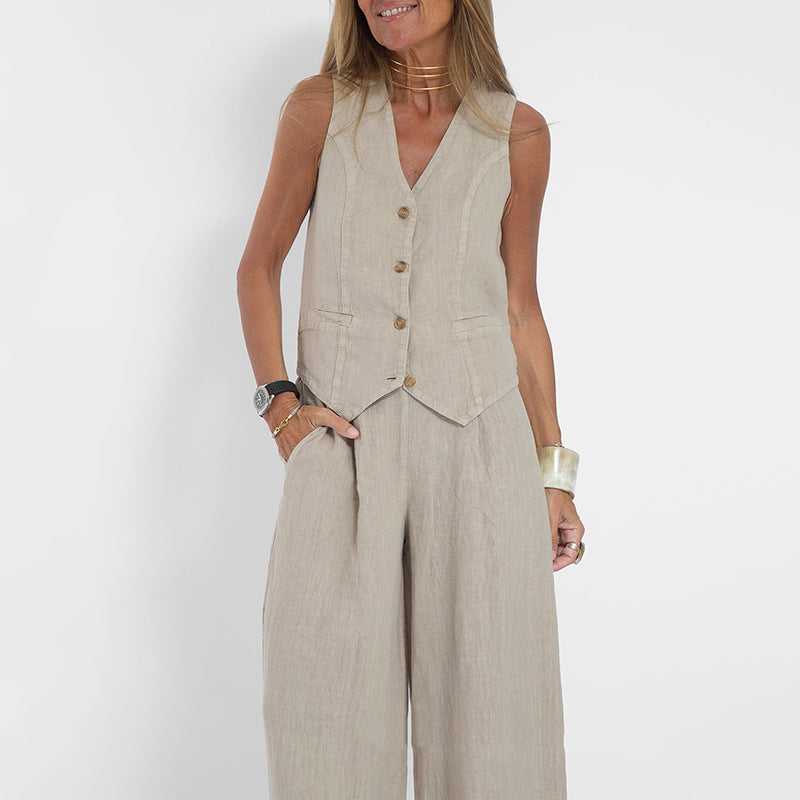Women's Two-Piece Linen Vest and Wide-Leg Pants Set
