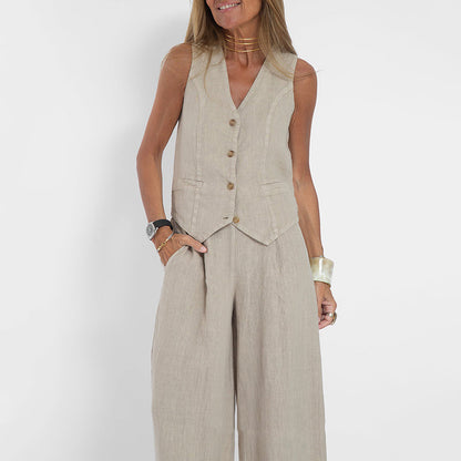 Women's Two-Piece Linen Vest and Wide-Leg Pants Set