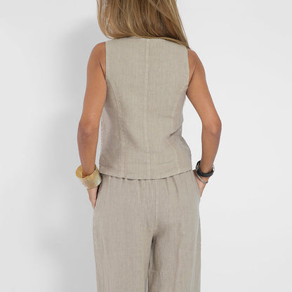 Women's Two-Piece Linen Vest and Wide-Leg Pants Set