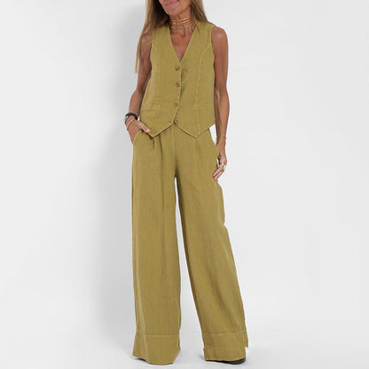 Women's Two-Piece Linen Vest and Wide-Leg Pants Set