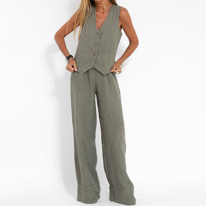Women's Two-Piece Linen Vest and Wide-Leg Pants Set