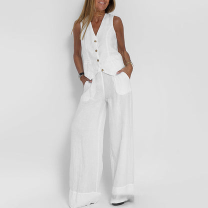 Women's Two-Piece Linen Vest and Wide-Leg Pants Set