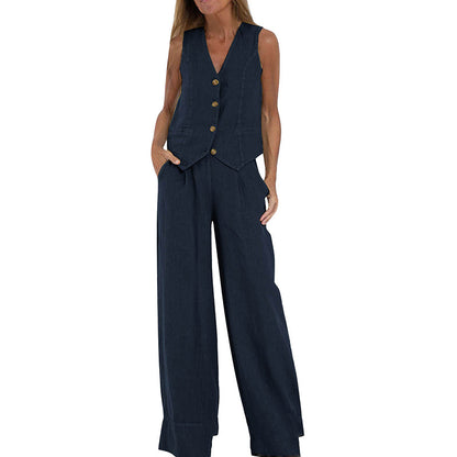 Women's Two-Piece Linen Vest and Wide-Leg Pants Set