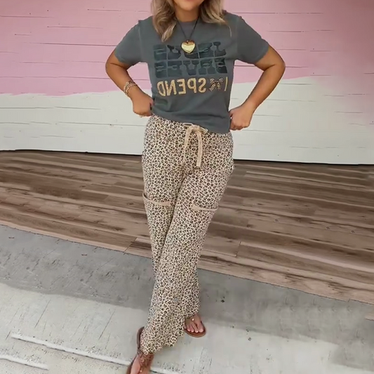 Women’s Fashion Short Sleeve Top & Leopard Print Pants 2-Piece Set
