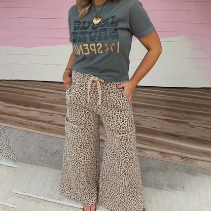 Women’s Fashion Short Sleeve Top & Leopard Print Pants 2-Piece Set