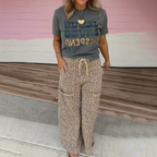 Women’s Fashion Short Sleeve Top & Leopard Print Pants 2-Piece Set