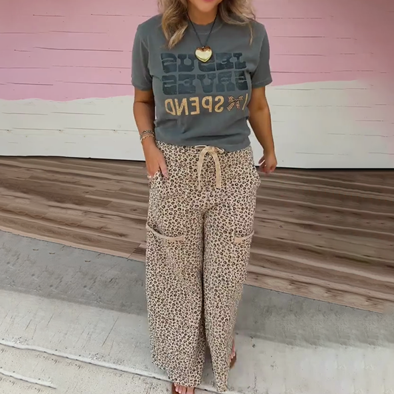 Women’s Fashion Short Sleeve Top & Leopard Print Pants 2-Piece Set