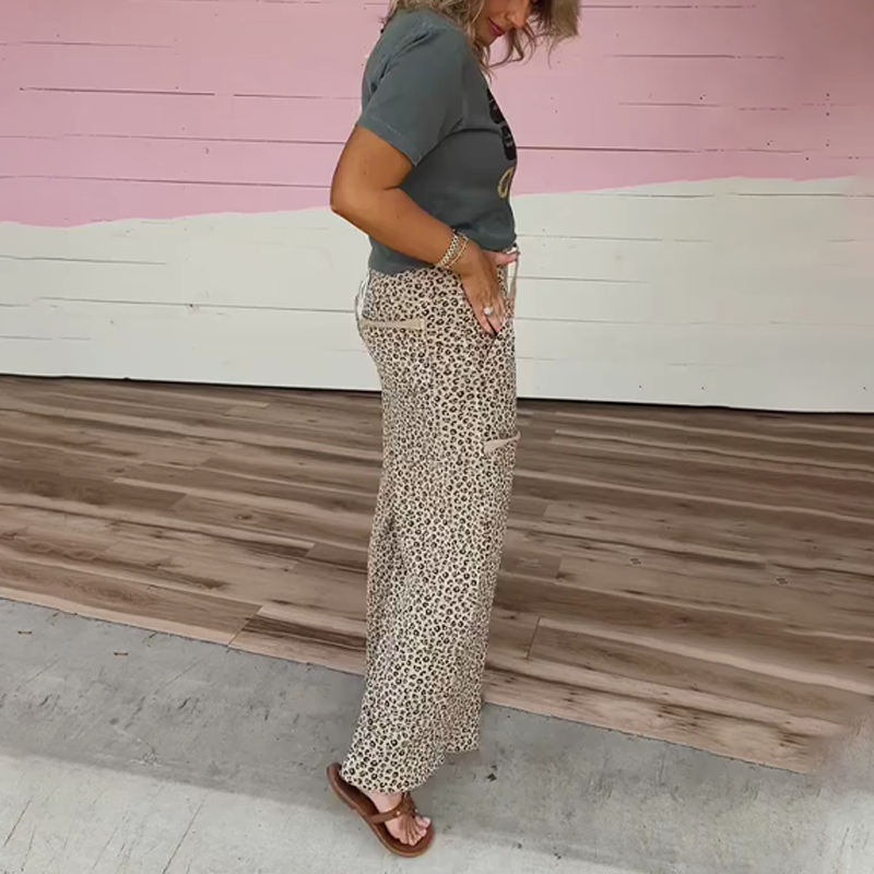Women’s Fashion Short Sleeve Top & Leopard Print Pants 2-Piece Set
