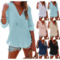 ✨2025 Hot Sale⌛Women's Oversized Hooded Beach Cover Up - Long Sleeve V-Neck Pocket Shirt