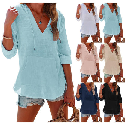 ✨2025 Hot Sale⌛Women's Oversized Hooded Beach Cover Up - Long Sleeve V-Neck Pocket Shirt